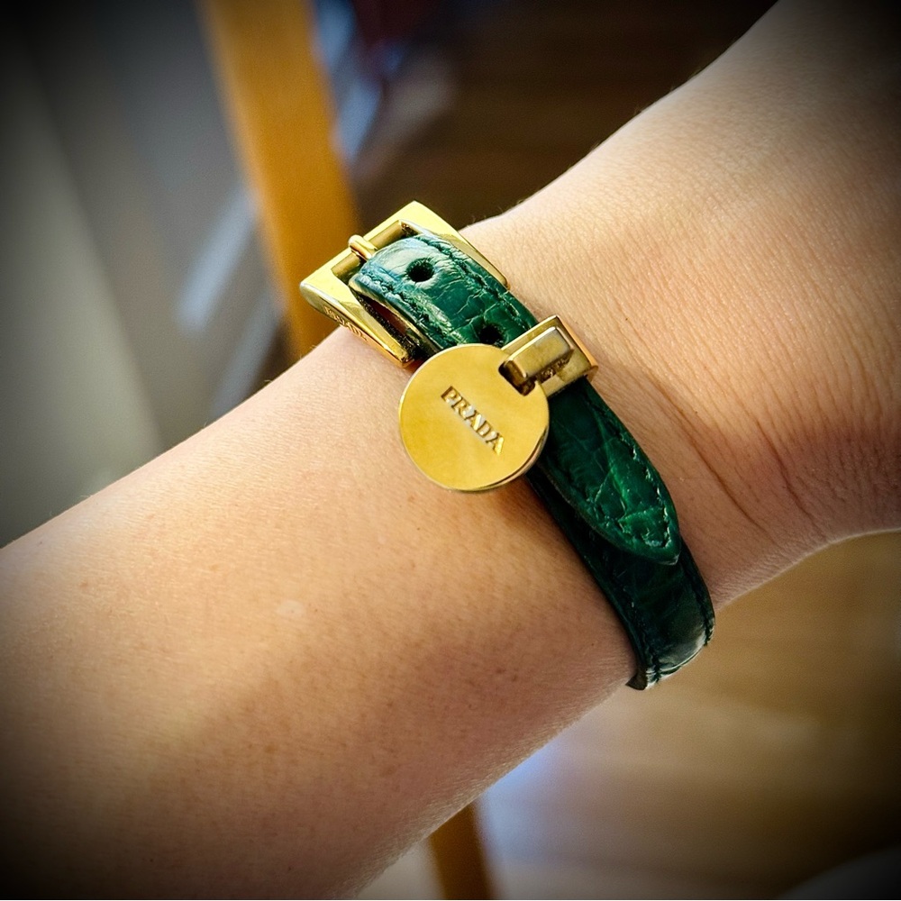 Prada Green Embossed Saffiano Leather Gold Tone Charm Bracelet